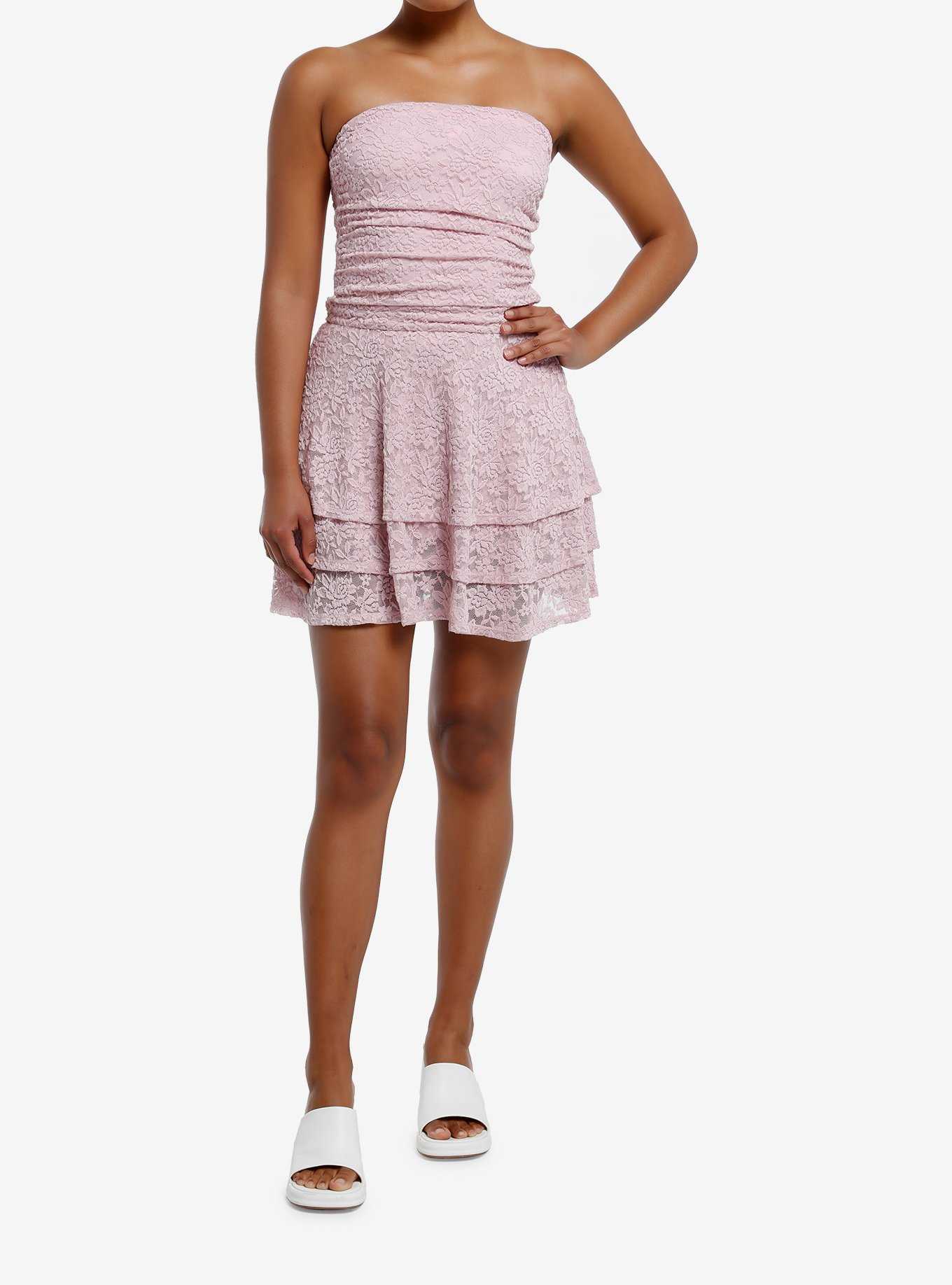 Sweet Society Pink Lace Ruffle Strapless Dress, , hi-res
