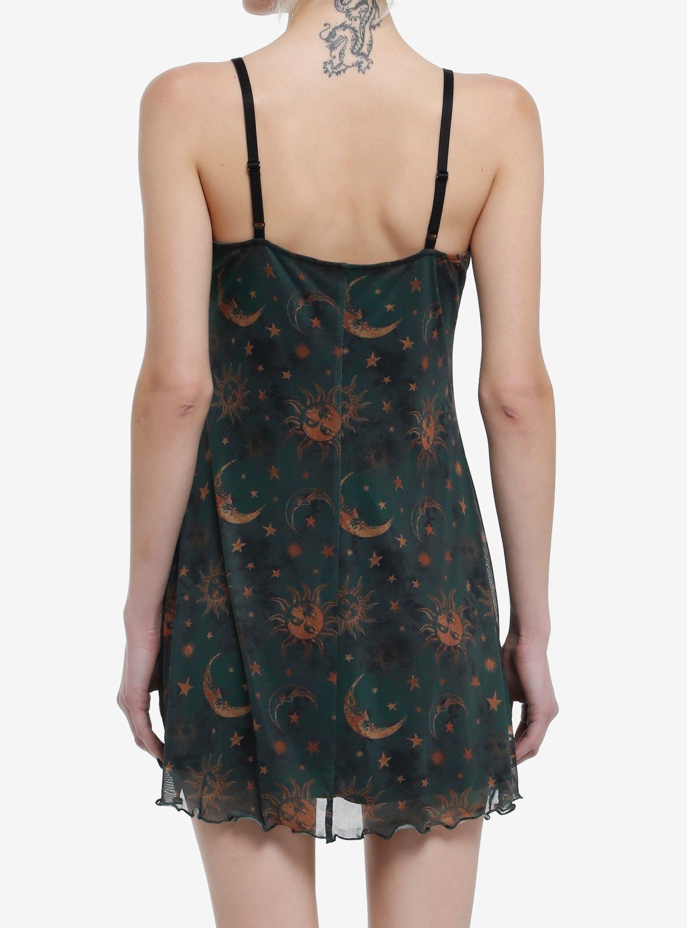 Cosmic Aura Green & Gold Celestial Print Mini Dress, GOLD, alternate