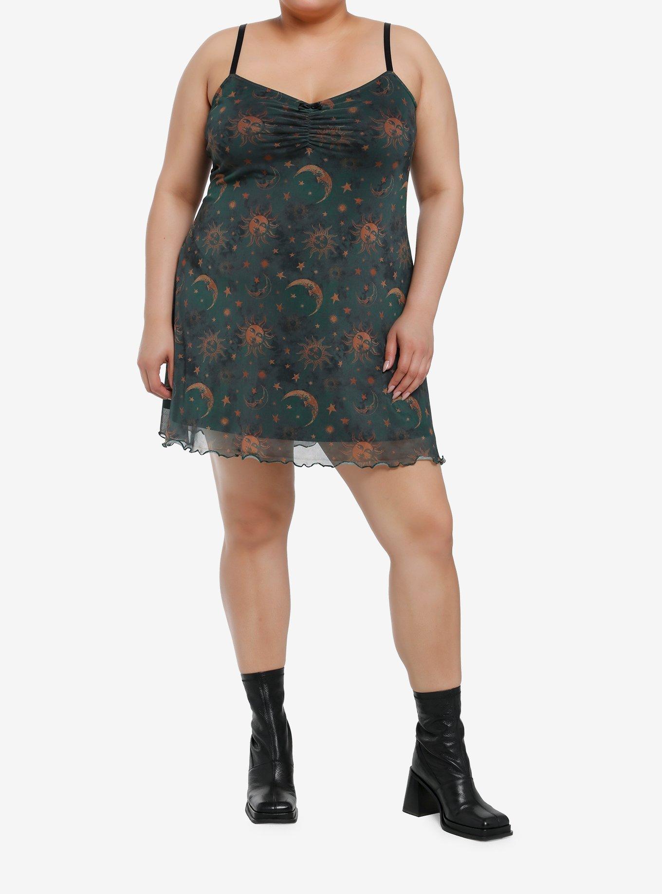 Cosmic Aura Green & Gold Celestial Print Mini Dress Plus Size, , hi-res