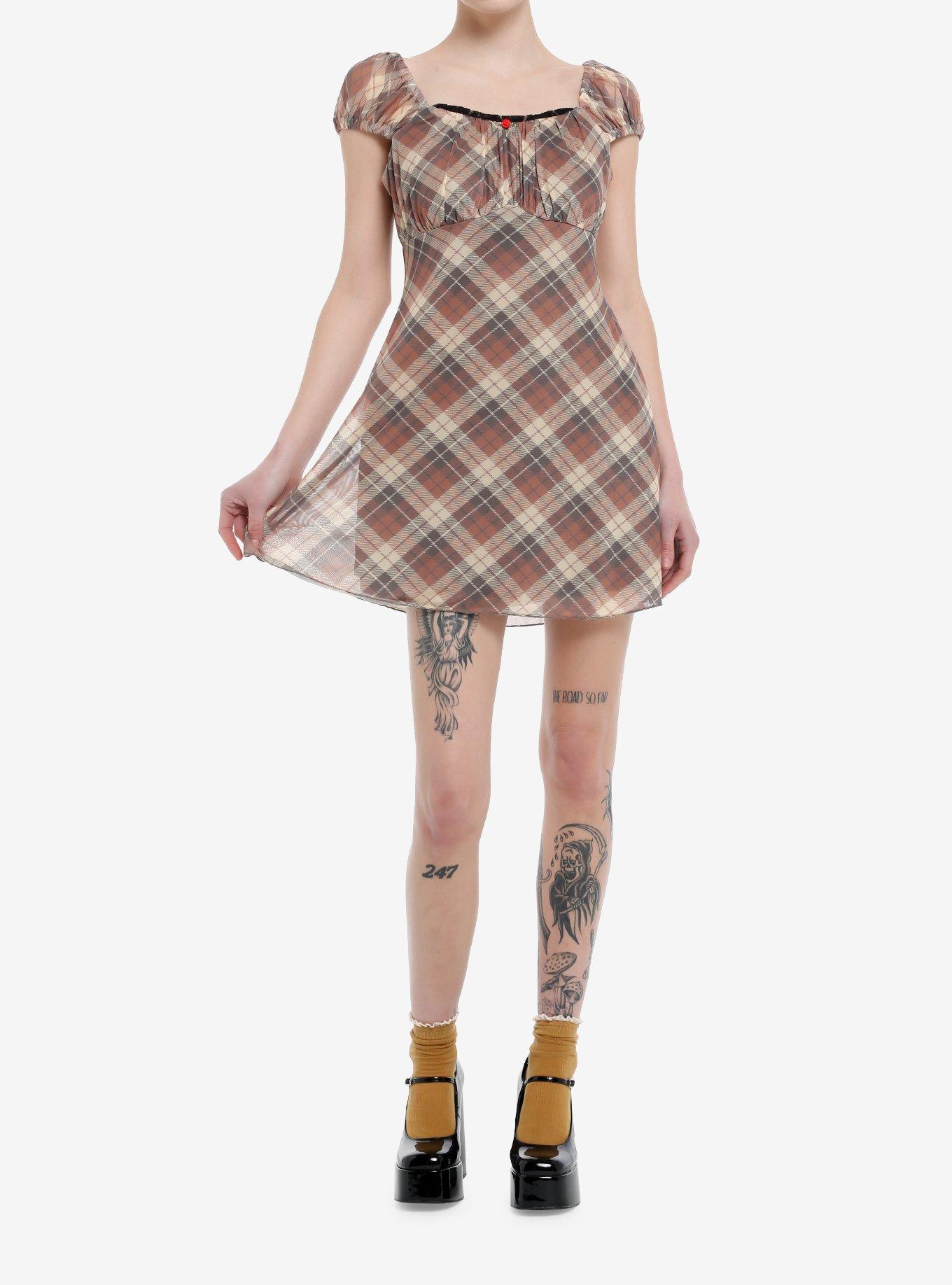 Sweet Society Brown Plaid Rose Babydoll Dress, , hi-res