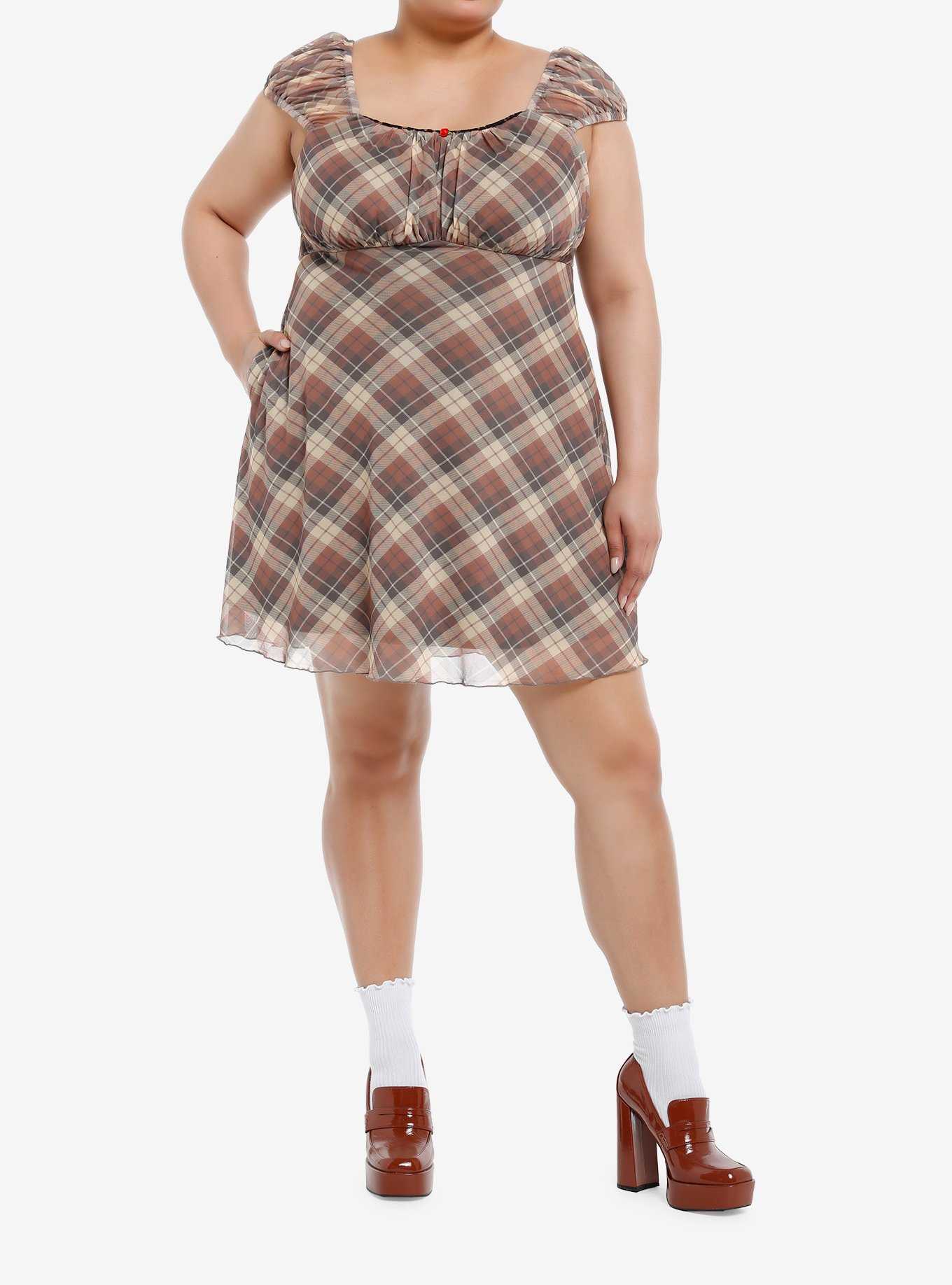 Sweet Society Brown Plaid Rose Babydoll Dress Plus Size, , hi-res