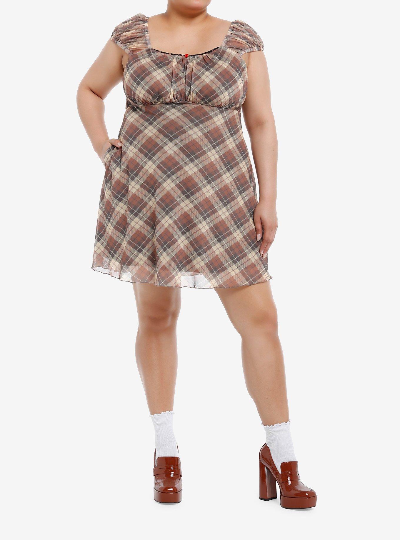 Sweet Society Brown Plaid Rose Babydoll Dress Plus Size, , hi-res