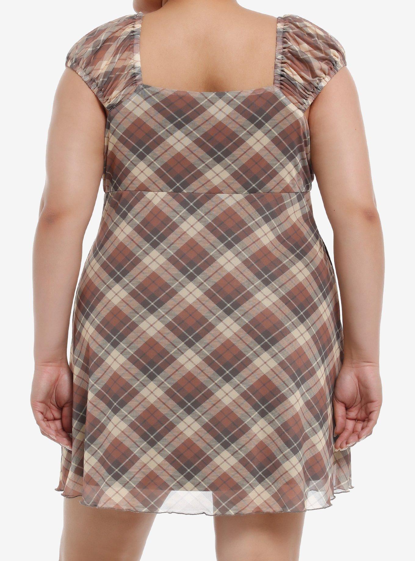 Sweet Society Brown Plaid Rose Babydoll Dress Plus Size, BROWN, alternate