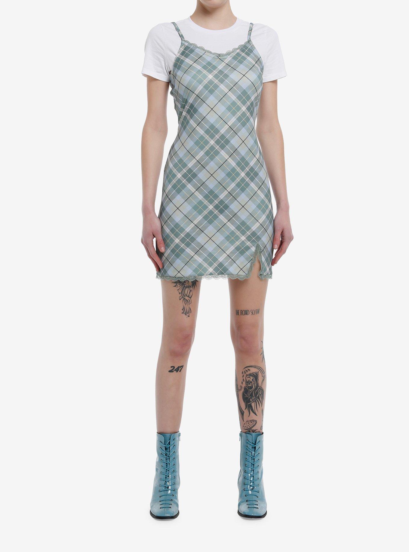 Teal Plaid Twofer Dress, , hi-res