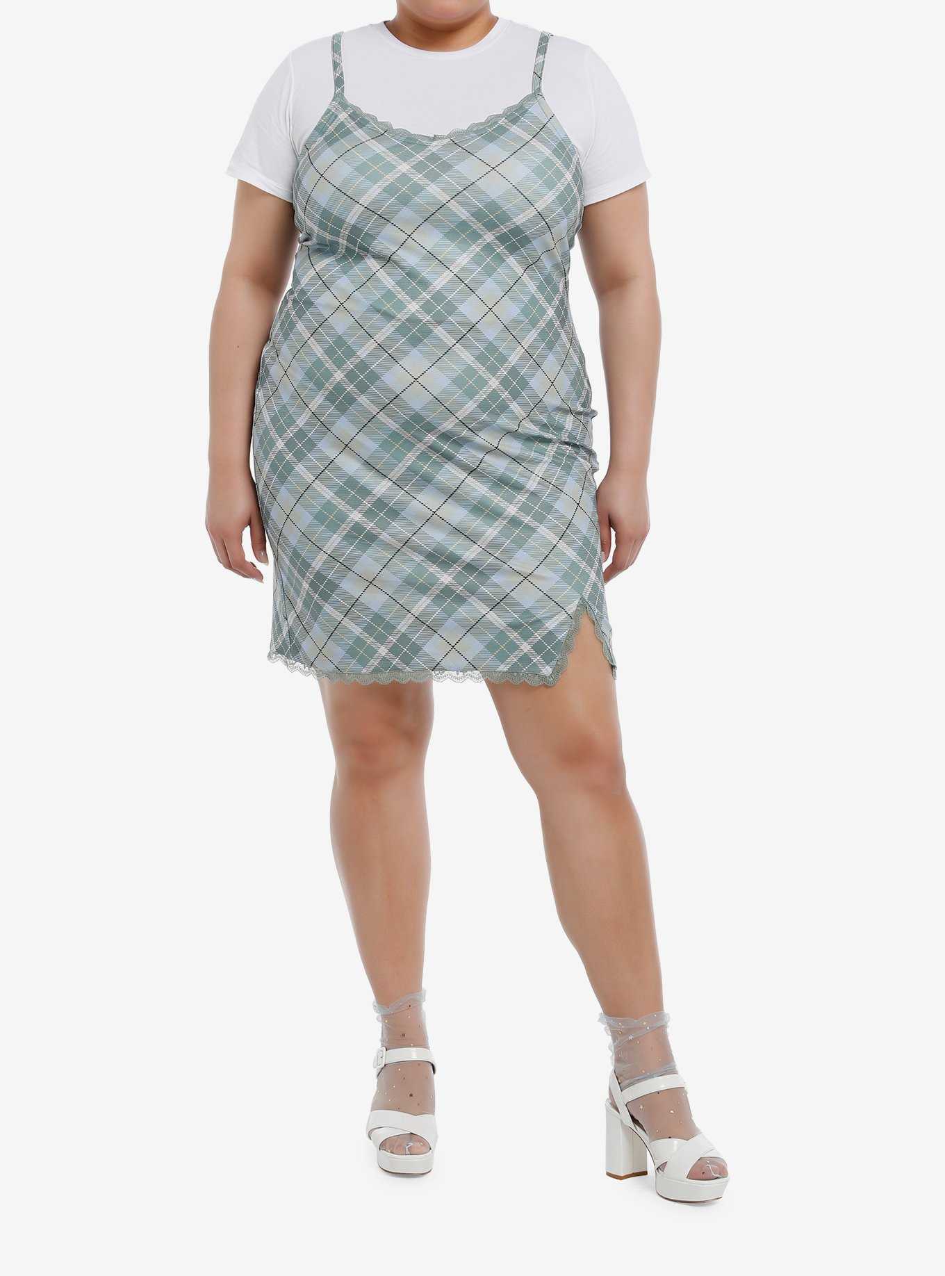 Teal Plaid Twofer Dress Plus Size, , hi-res