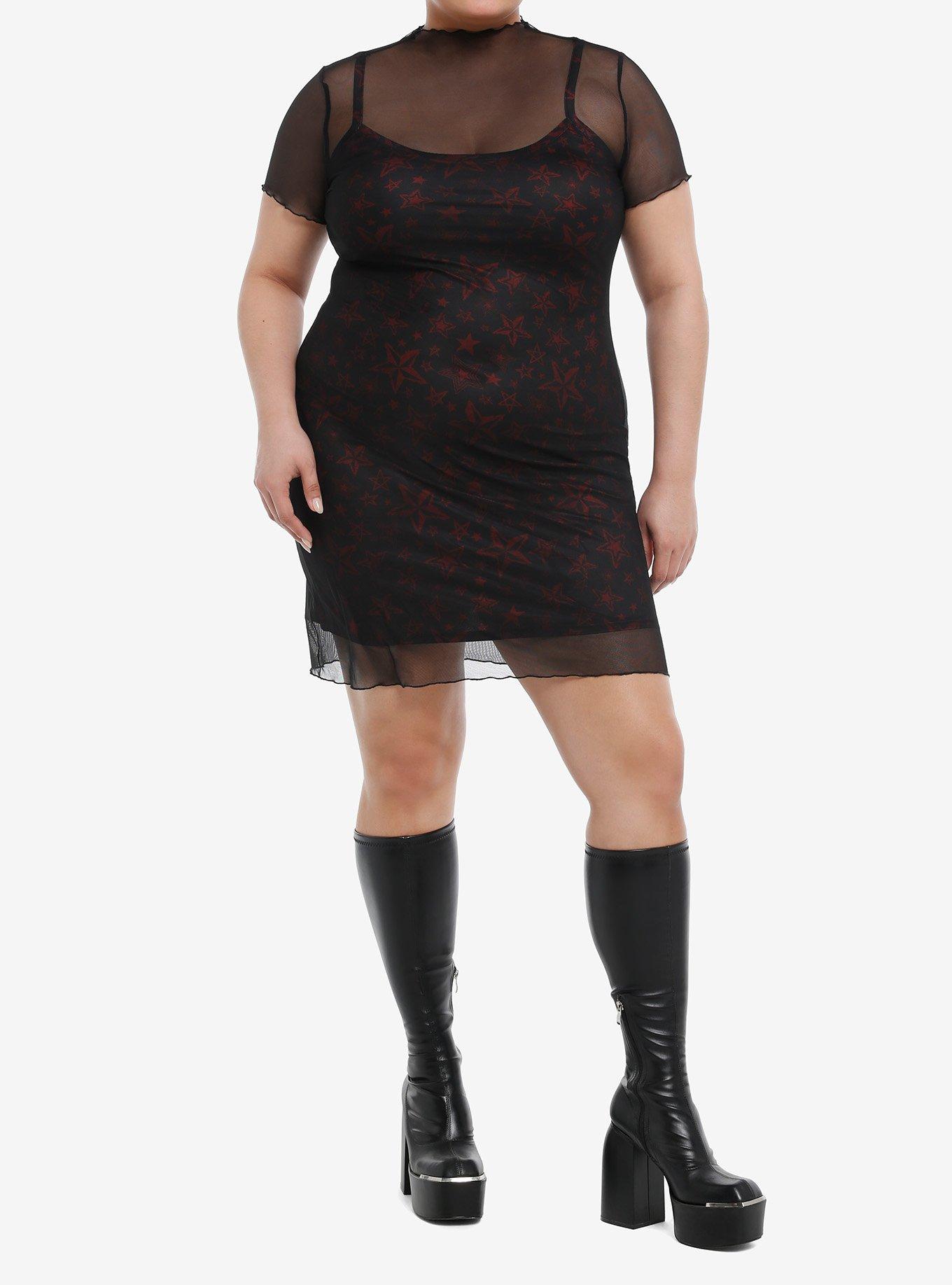 Social Collision Red & Black Star Twofer Cami Dress Plus Size, , hi-res