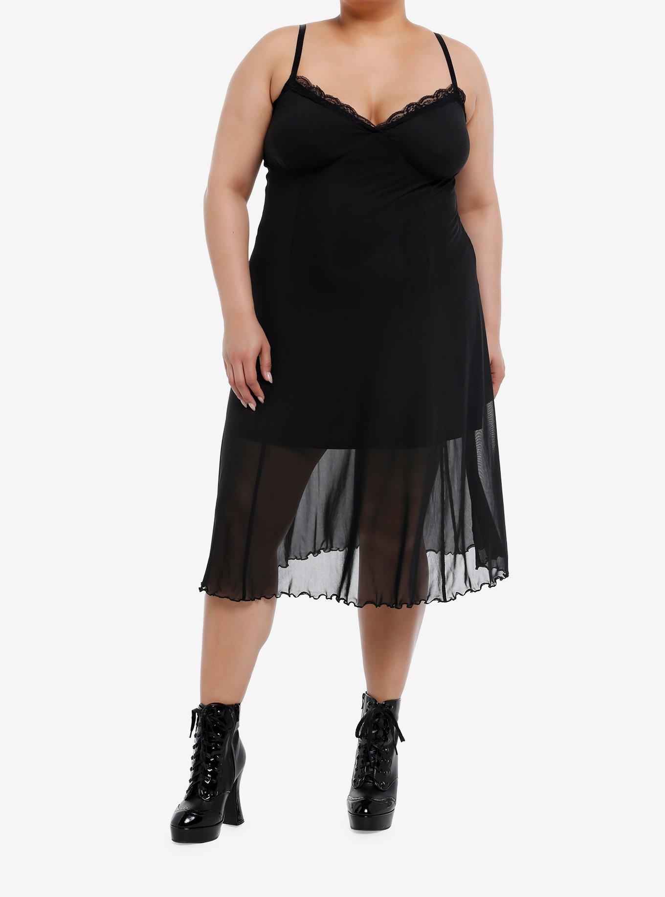 Cosmic Aura Black Lace Mesh Midi Dress Plus Size, BLACK, alternate