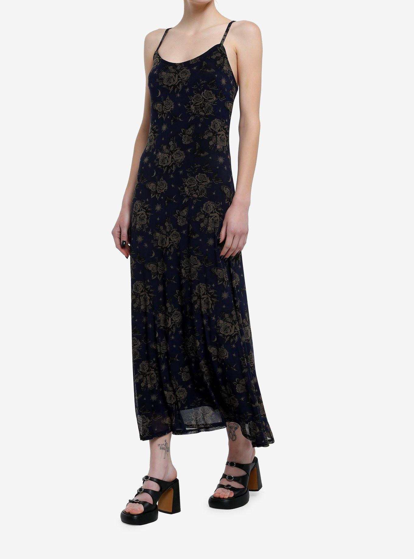 Cosmic Aura Blue Celestial Rose Butterfly Midaxi Dress, BROWN, alternate