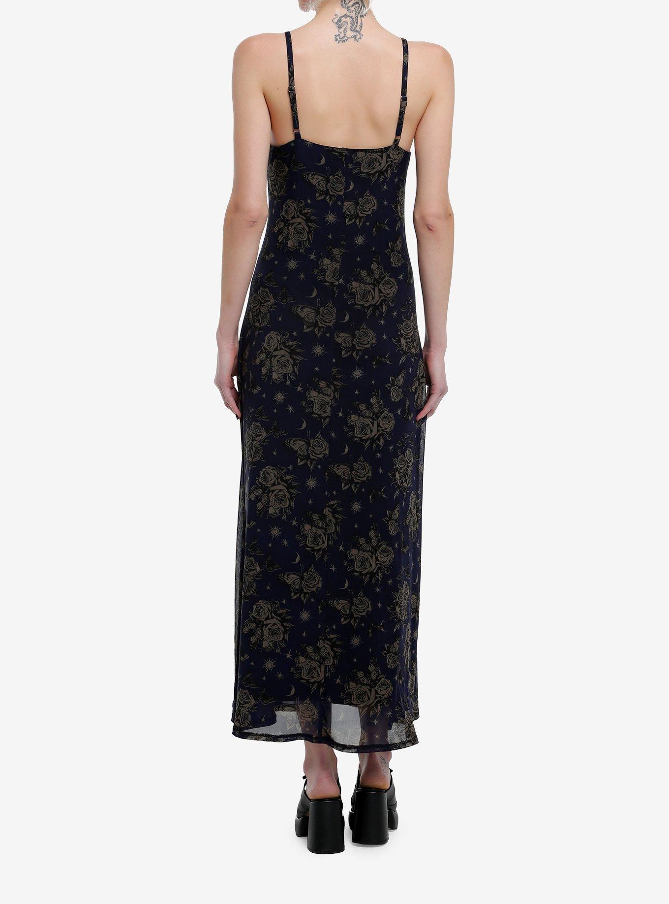 Cosmic Aura Blue Celestial Rose Butterfly Midaxi Dress, BROWN, alternate