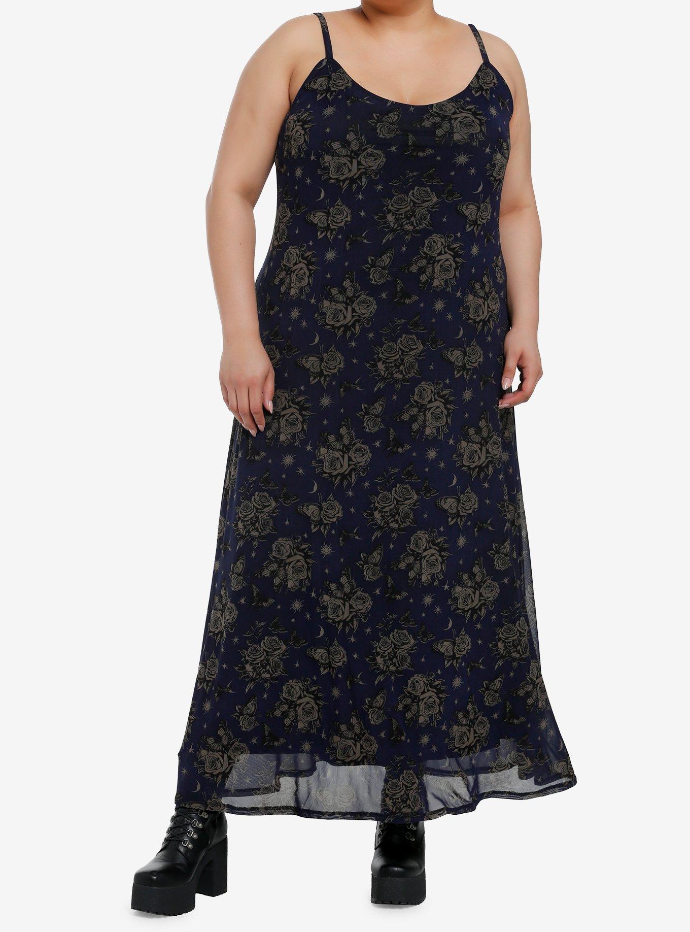Cosmic Aura Blue Celestial Rose Butterfly Midaxi Dress Plus Size, BROWN, alternate