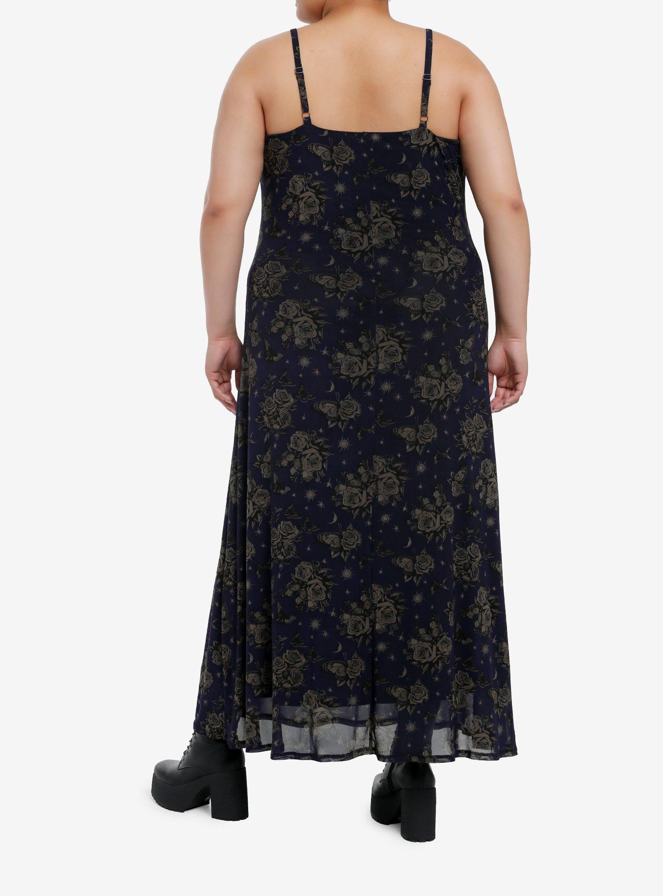 Cosmic Aura Blue Celestial Rose Butterfly Midaxi Dress Plus Size, BROWN, alternate