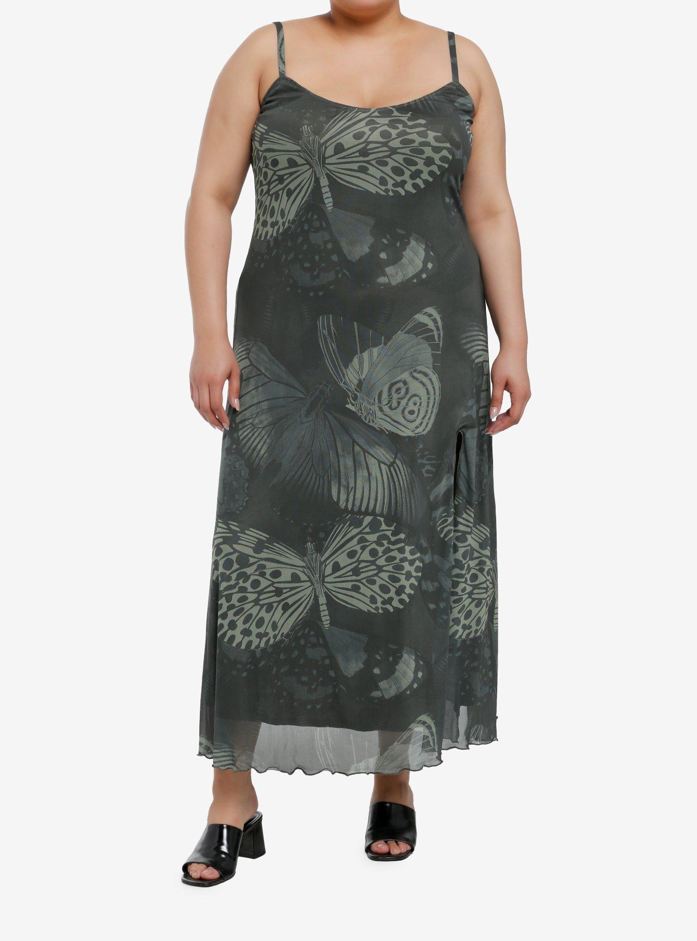 Thorn & Fable Green Butterfly Slit Maxi Dress Plus Size, , hi-res