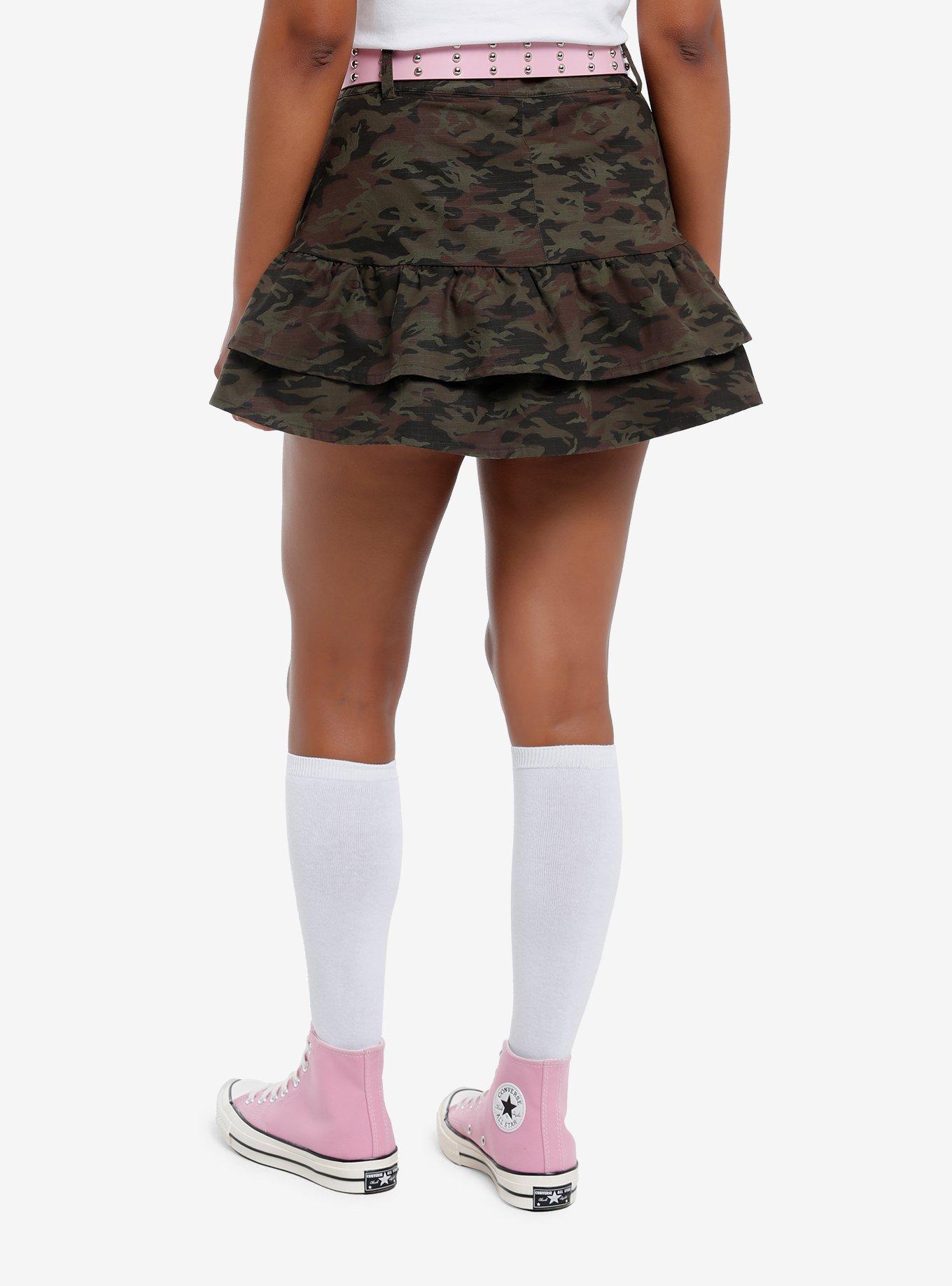 Sweet Society Green Camo Ruffle Belted Mini Skirt, , hi-res