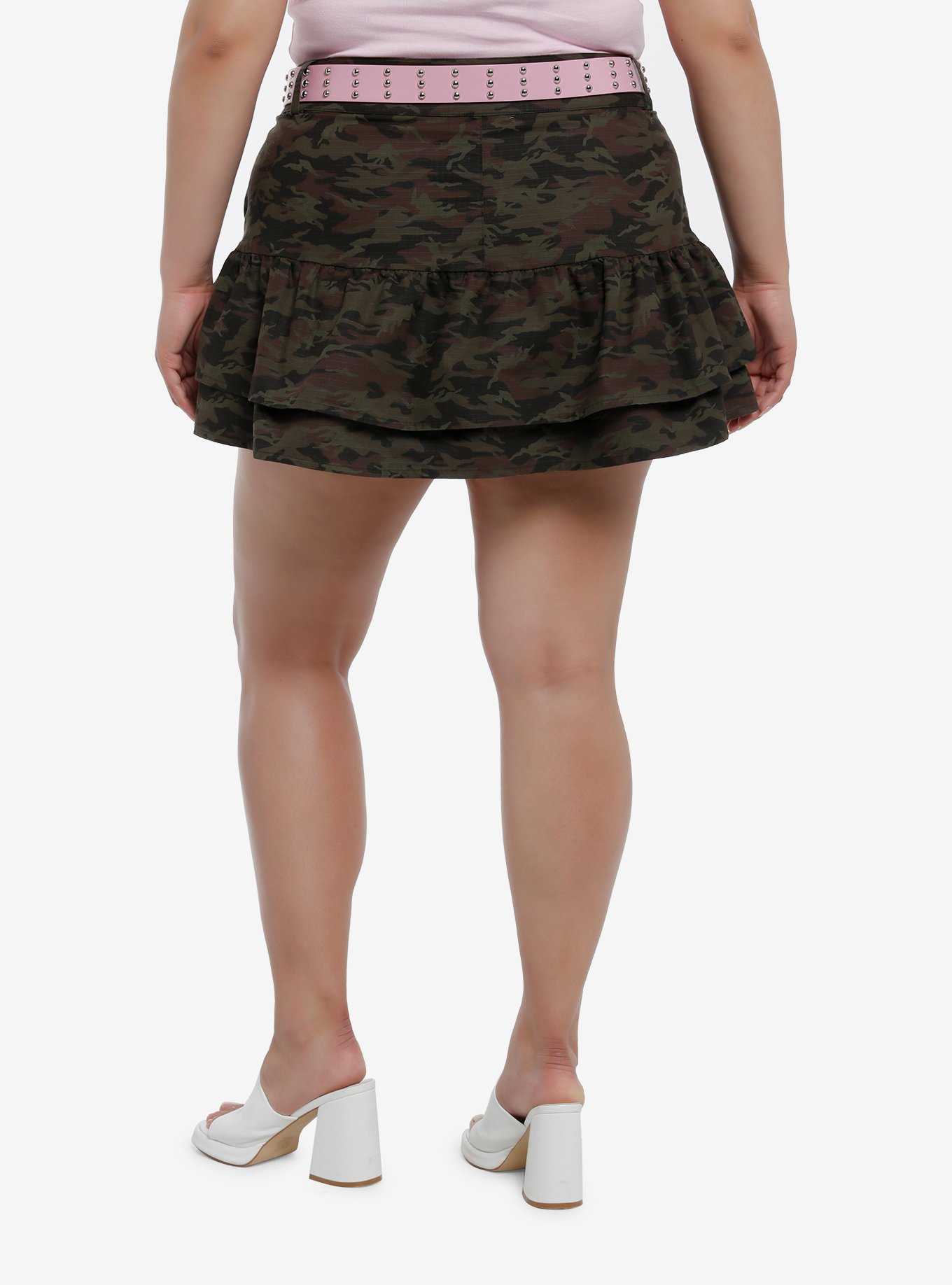 Sweet Society Green Camo Ruffle Belted Mini Skirt Plus Size, , hi-res