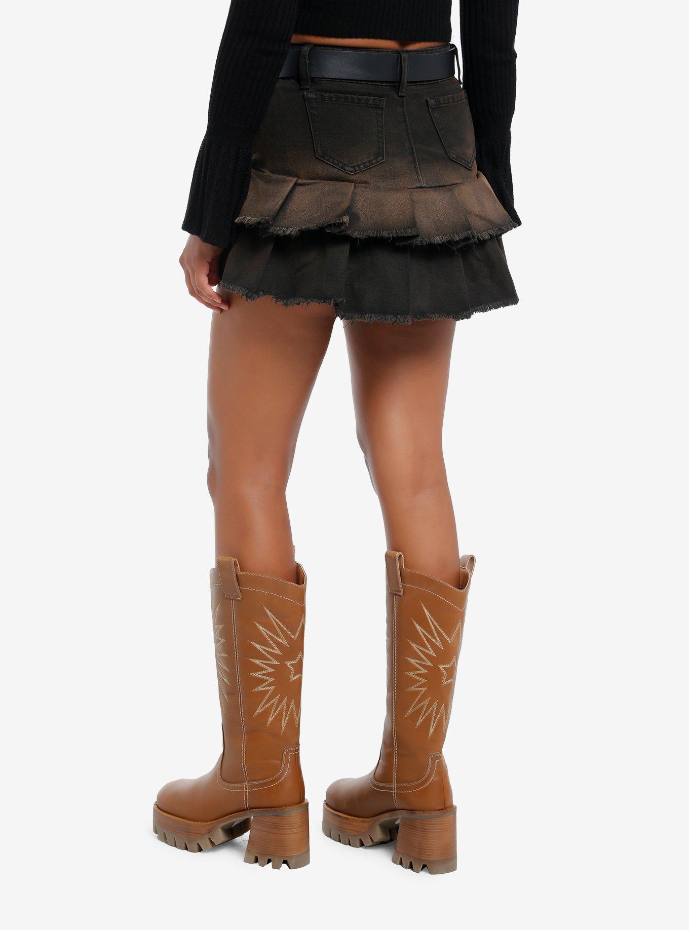 Cosmic Aura Western Belt Brown Wash Pleated Denim Skirt, , hi-res