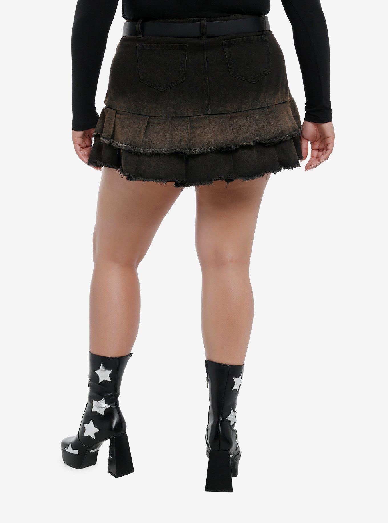 Cosmic Aura Western Belt Brown Wash Pleated Denim Skirt Plus Size, , hi-res