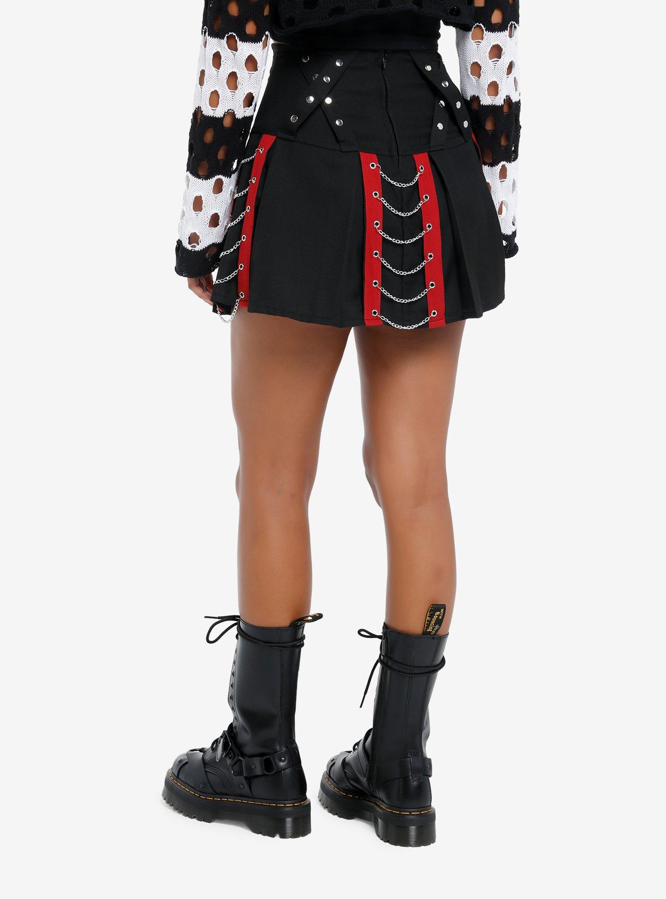 Social Collision Black & Red Chains Pleated Skirt, RED, alternate