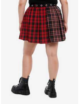 Social Collision Split Plaid Pleated Skirt With Grommet Belt & Chain Plus Size, , hi-res