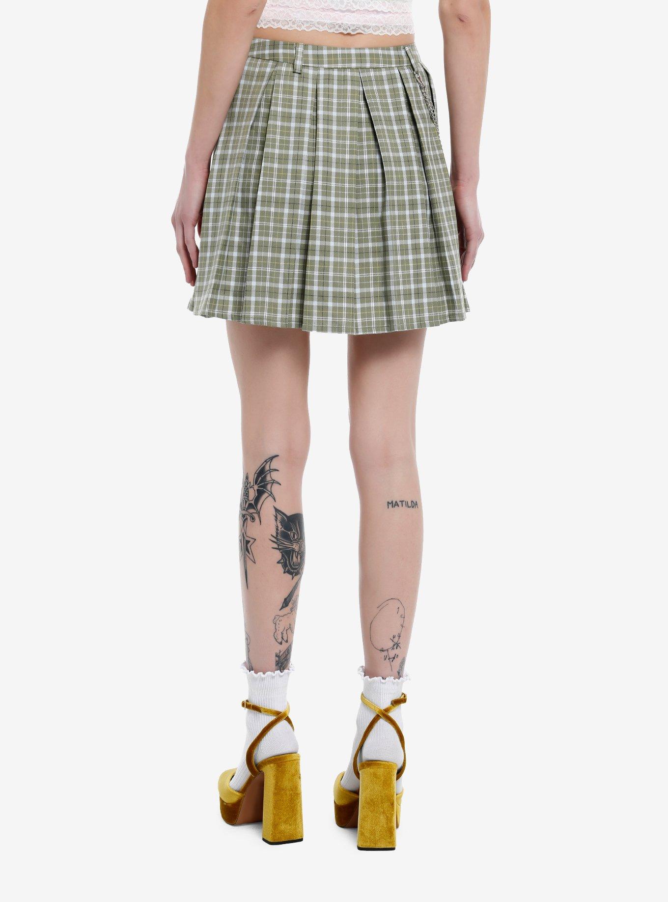 Sweet Society Sage Green Plaid Chain Skirt, GREEN, alternate