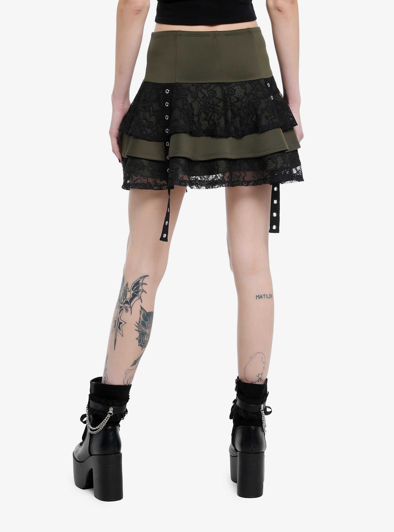 Social Collision Olive & Black Lace Grommet Strap Tiered Skirt, , hi-res