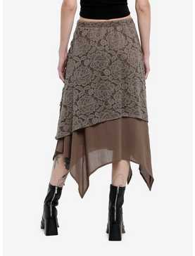 Thorn & Fable Brown Lace Ruched Hanky Hem Midi Skirt, , hi-res