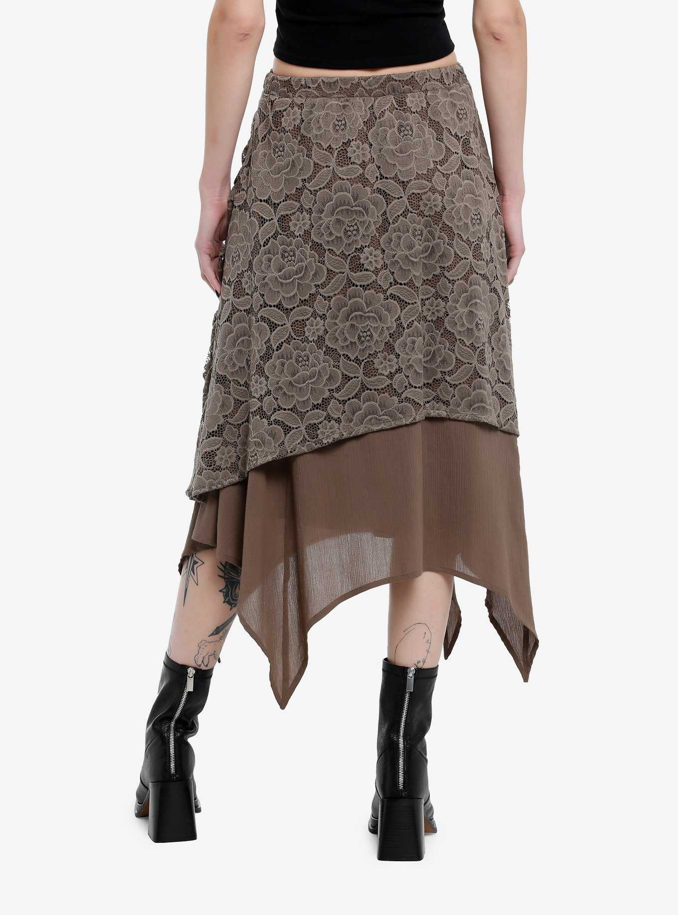Thorn & Fable Brown Lace Ruched Hanky Hem Midi Skirt, , hi-res