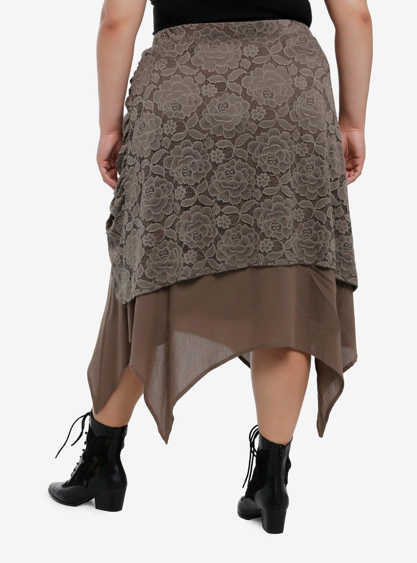 Thorn & Fable Brown Lace Ruched Hanky Hem Midi Skirt Plus Size, BROWN, alternate