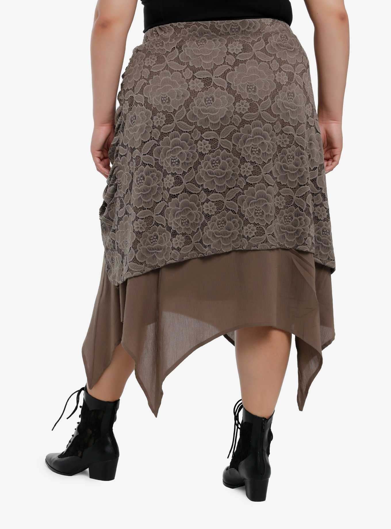 Thorn & Fable Brown Lace Ruched Hanky Hem Midi Skirt Plus Size, , hi-res