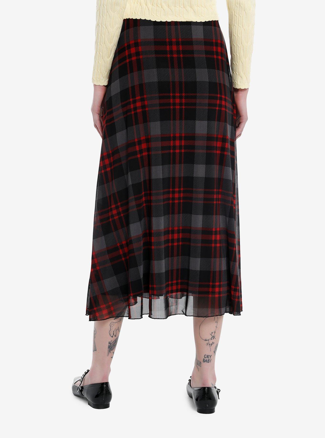 Sweet Society Grey & Red Plaid Mesh Midi Skirt, RED, alternate