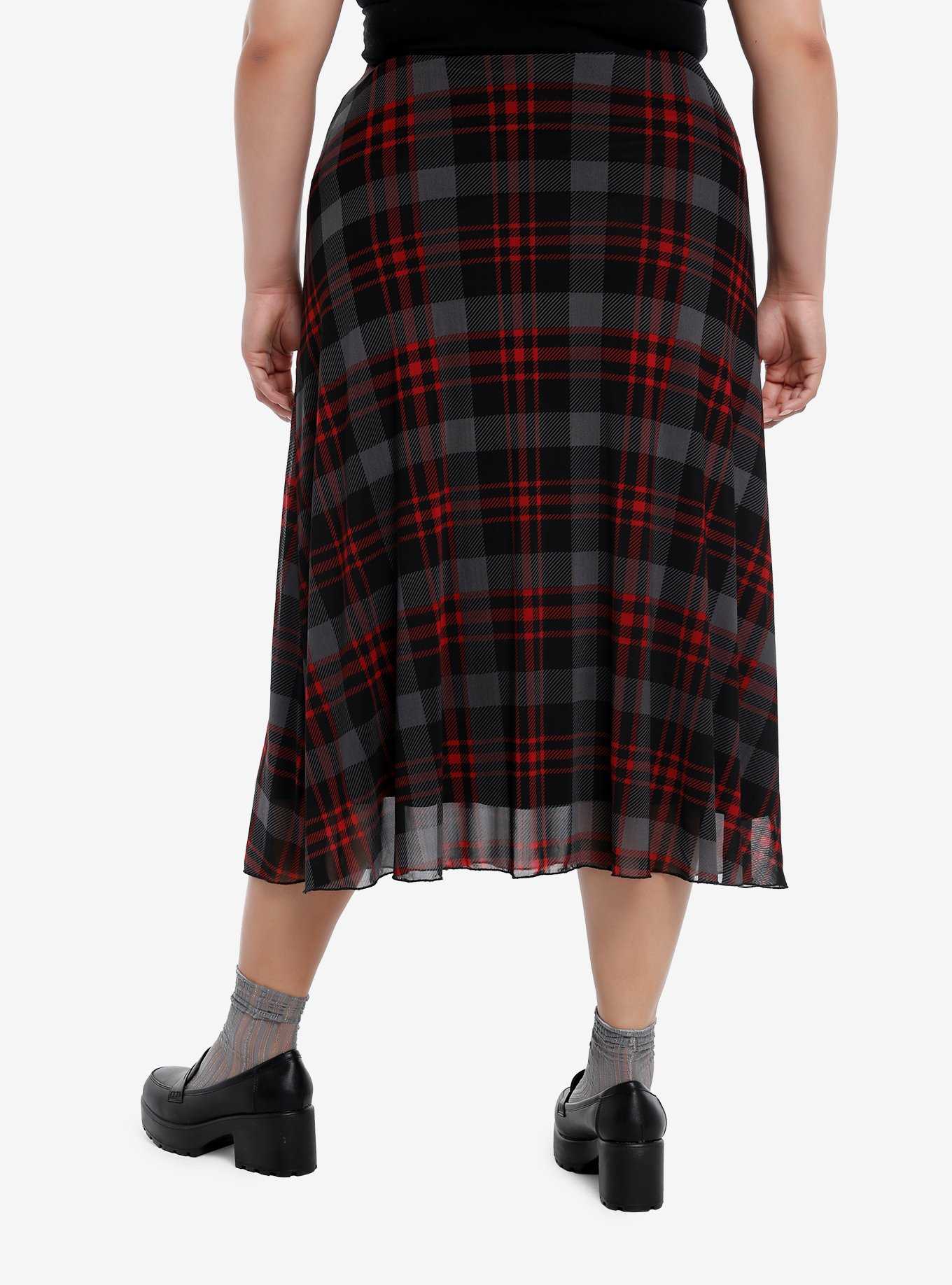 Sweet Society Grey & Red Plaid Mesh Midi Skirt Plus Skirt, , hi-res