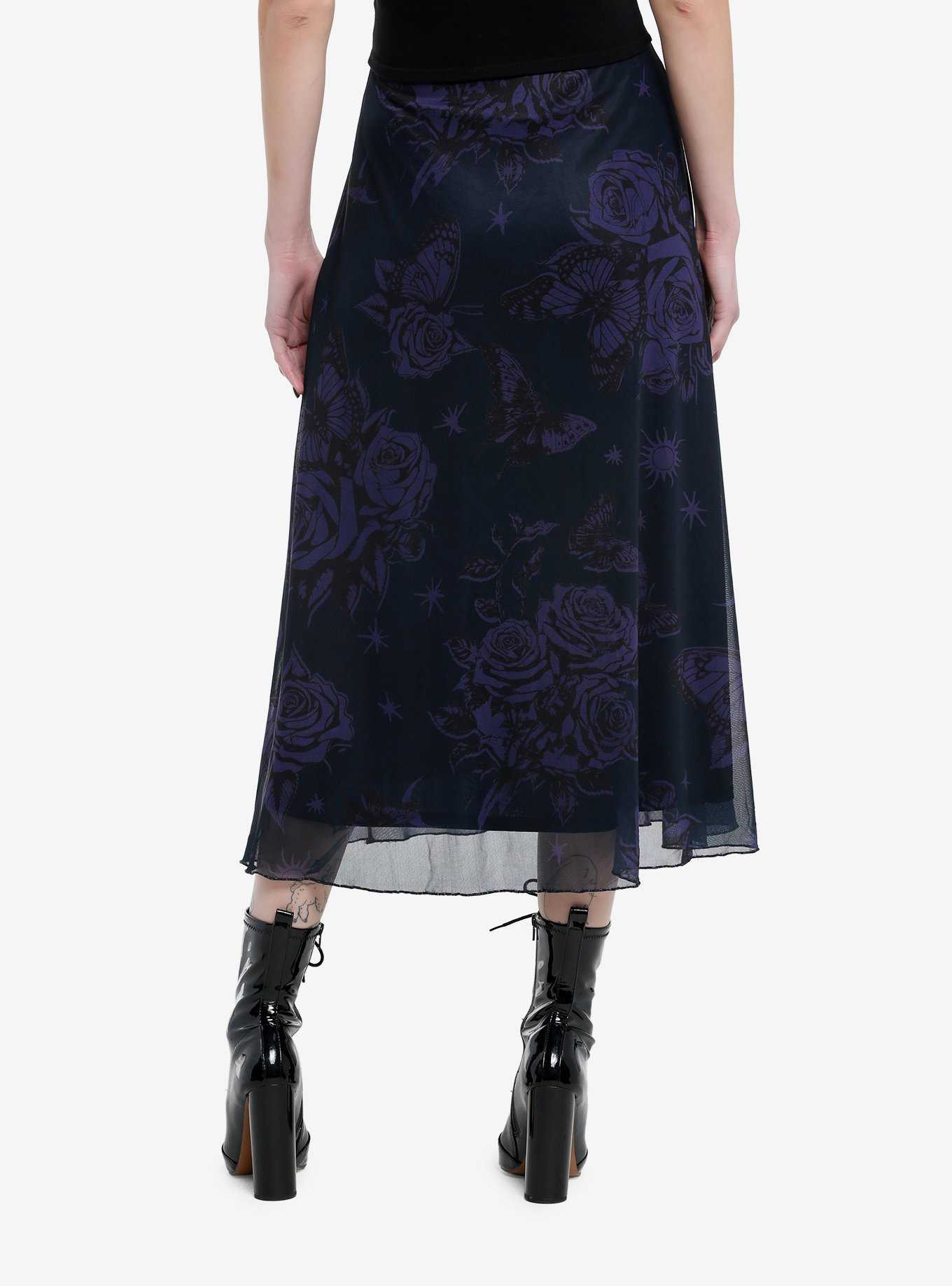 Cosmic Aura Purple & Black Floral Midi Skirt, , hi-res