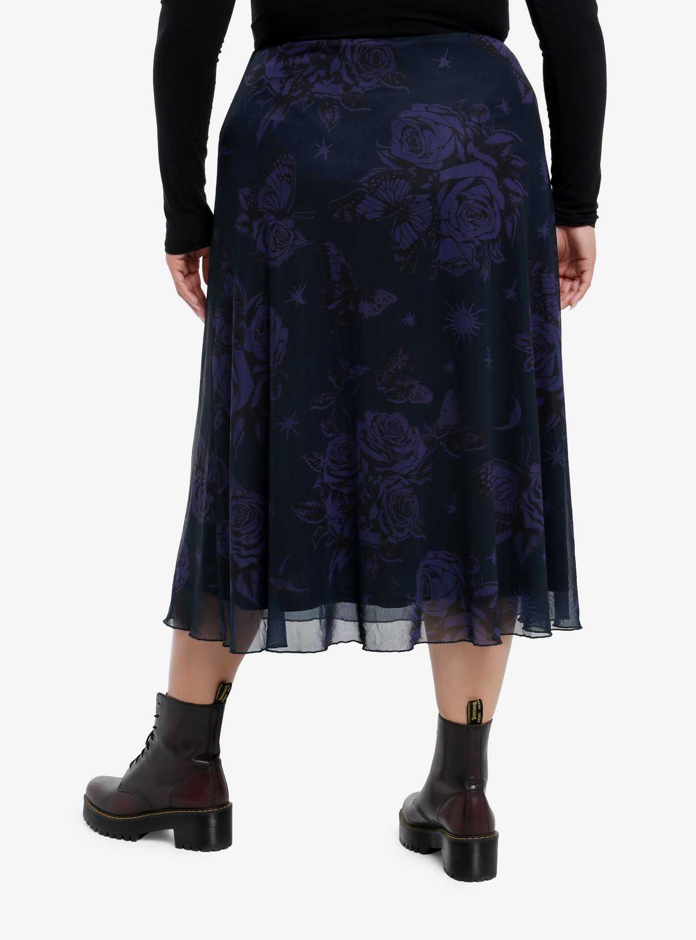 Cosmic Aura Purple & Black Floral Midi Skirt Plus Size, , hi-res