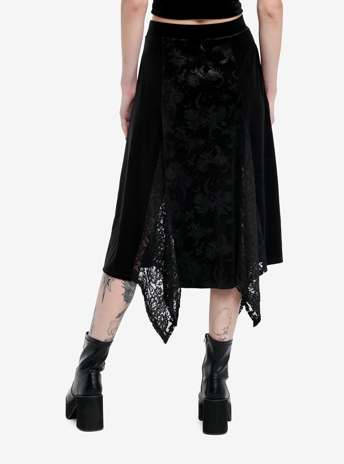 Cosmic Aura Black Velvet Lace Godet Midi Skirt, , hi-res