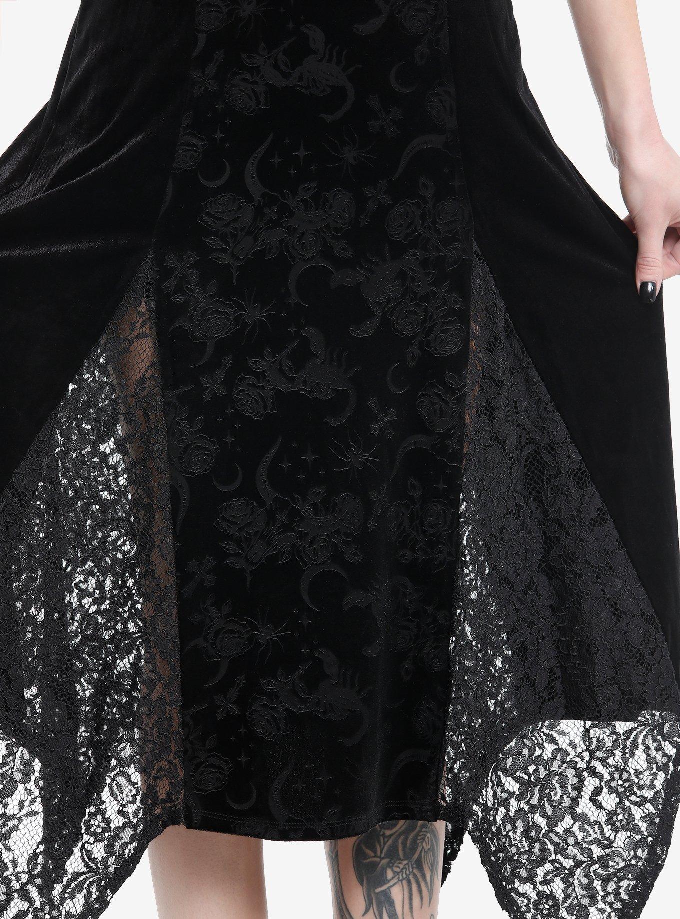 Cosmic Aura Black Velvet Lace Godet Midi Skirt, BLACK, alternate