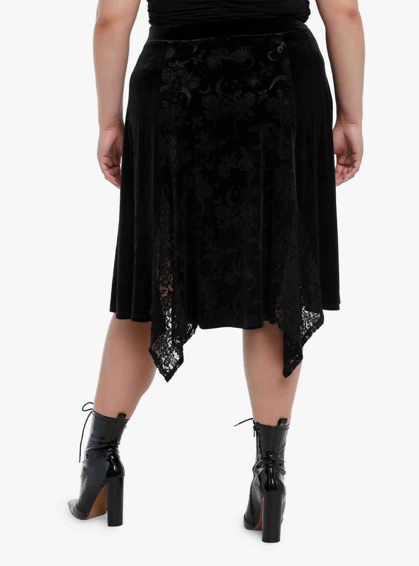 Cosmic Aura Black Velvet Lace Godet Midi Skirt Plus Side, , hi-res