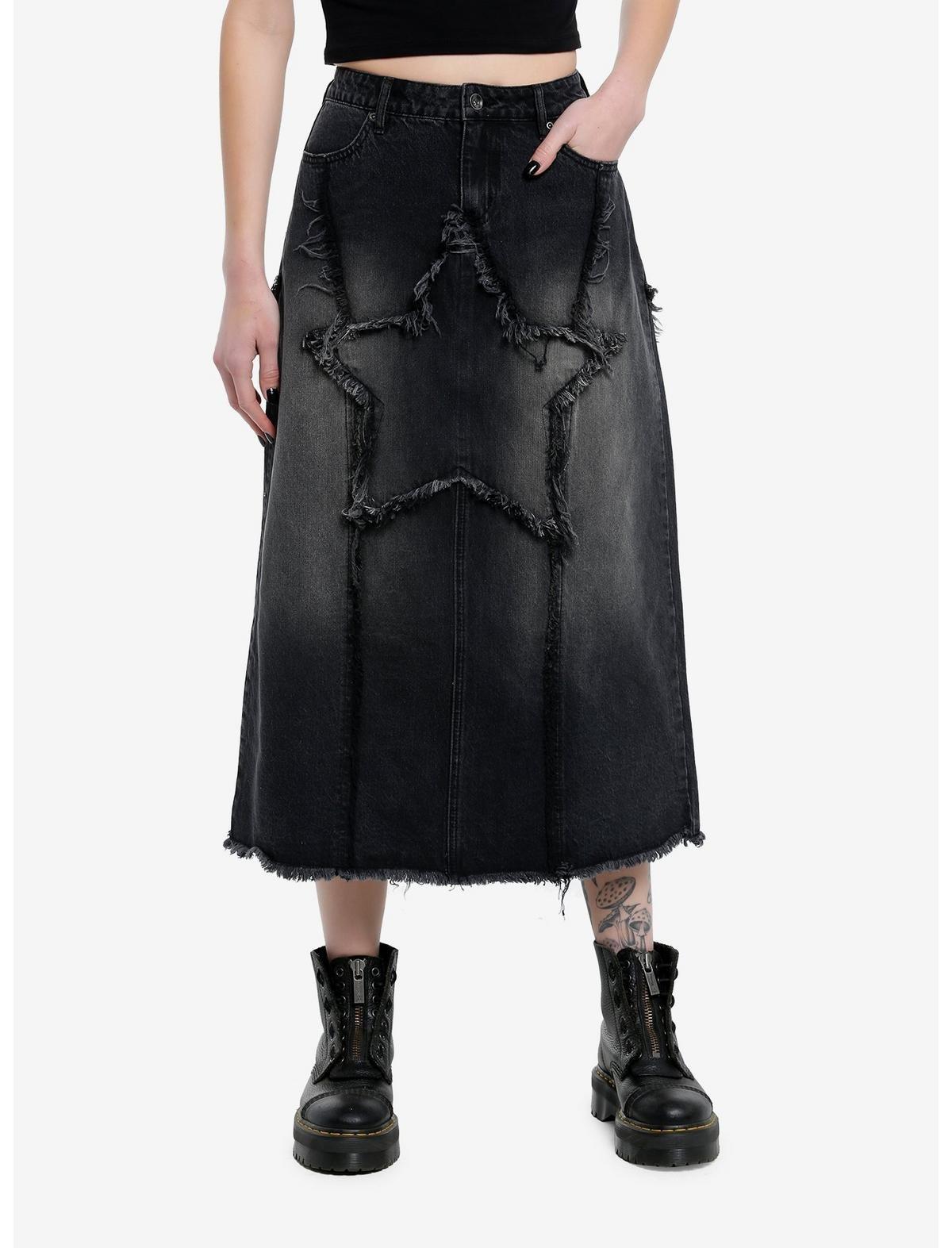 Social Collision Frayed Star Denim Midaxi Skirt, , hi-res