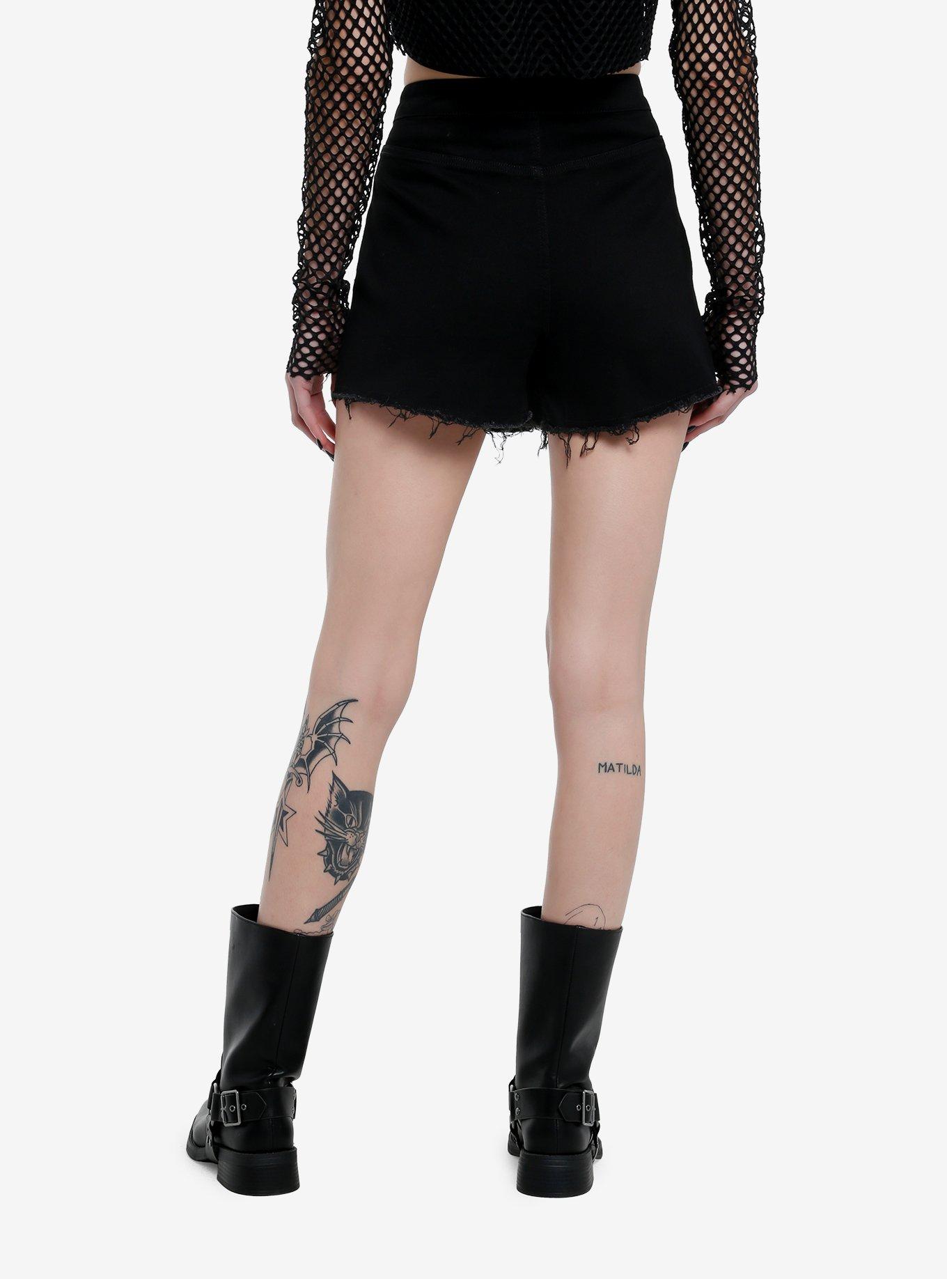 Black Zipper Frayed Denim Skort, , hi-res