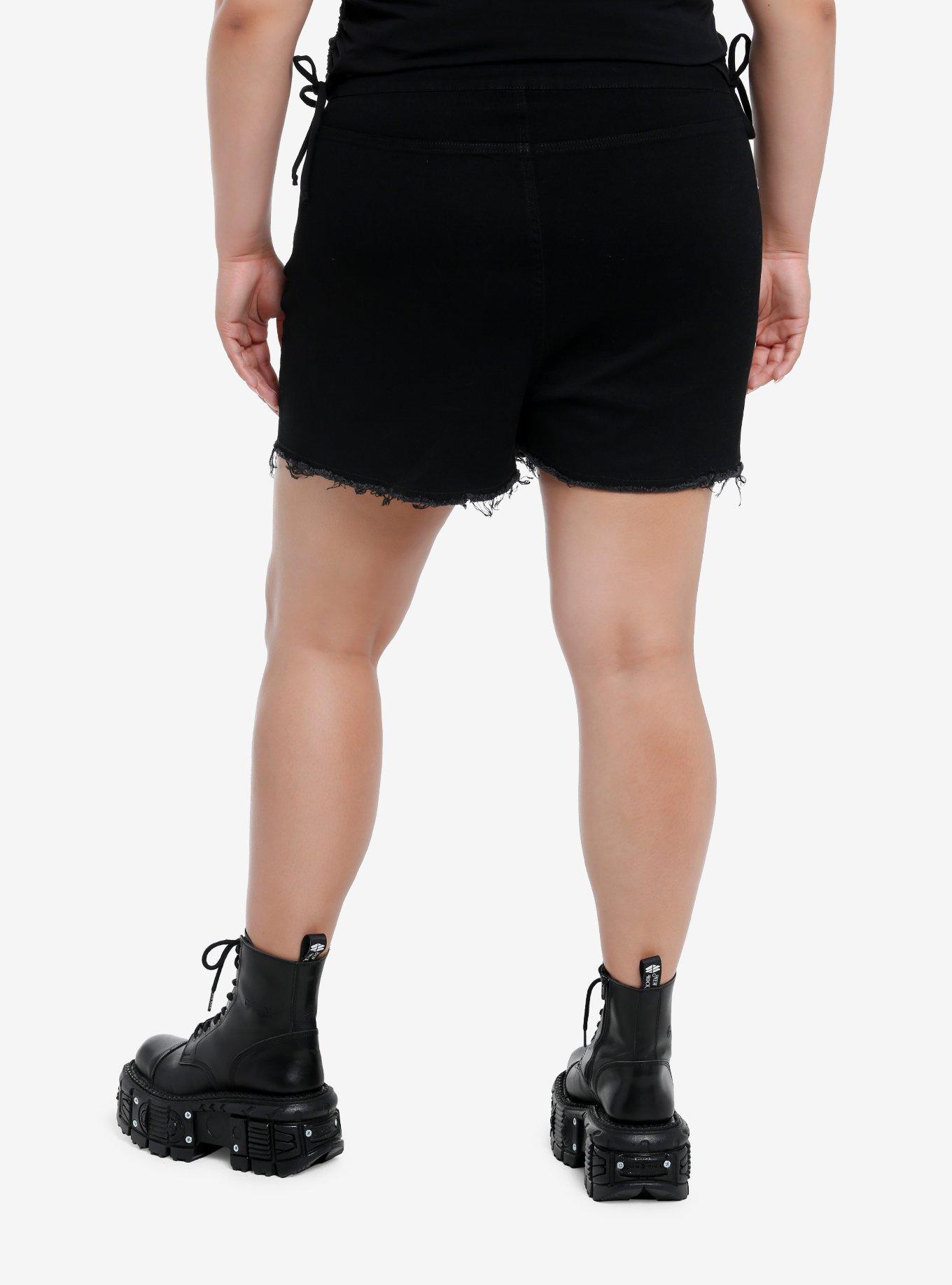 Black Zipper Frayed Denim Skort Plus Size, BLACK, alternate