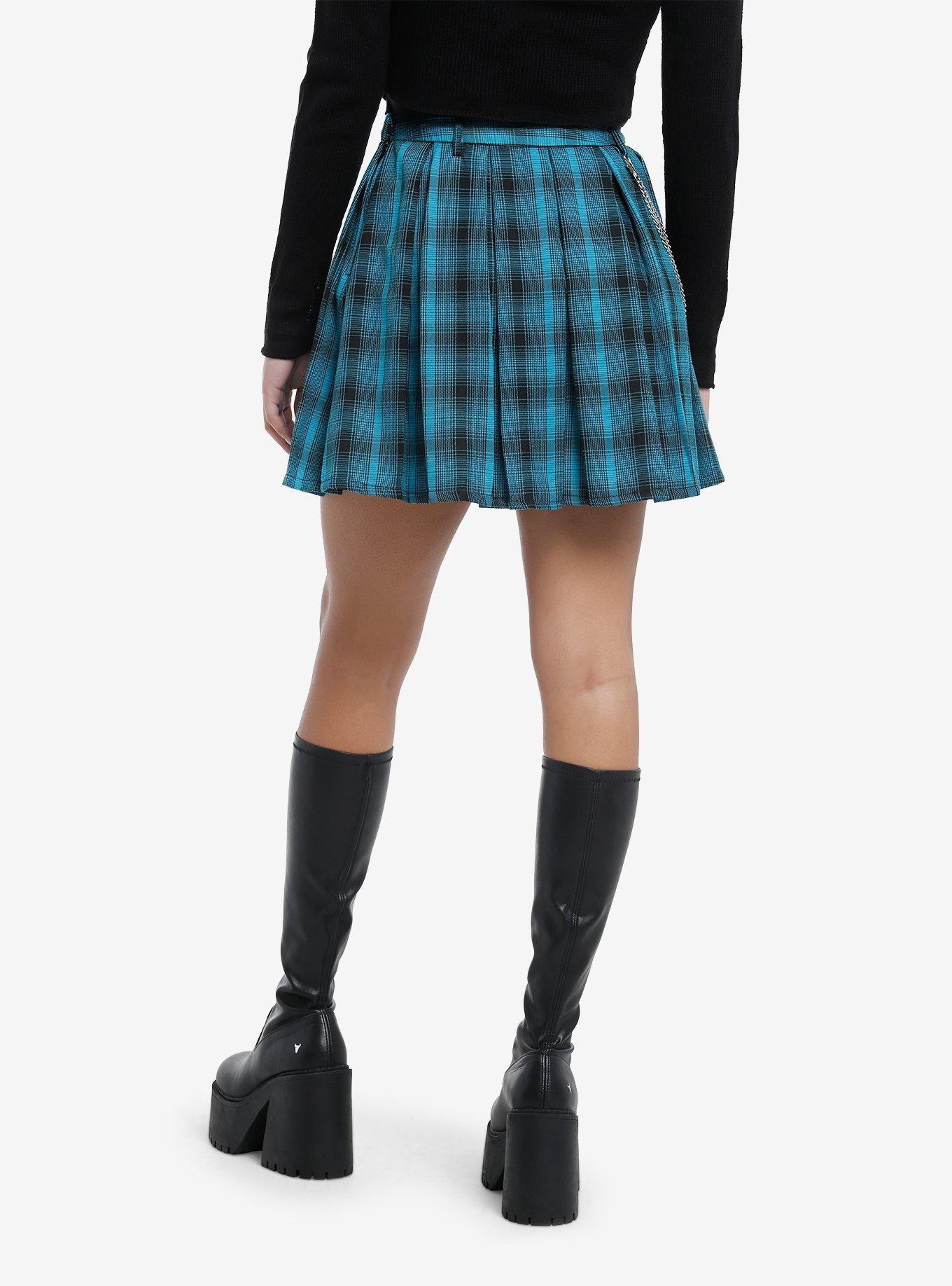 Teal & Black Plaid Pleated Skirt