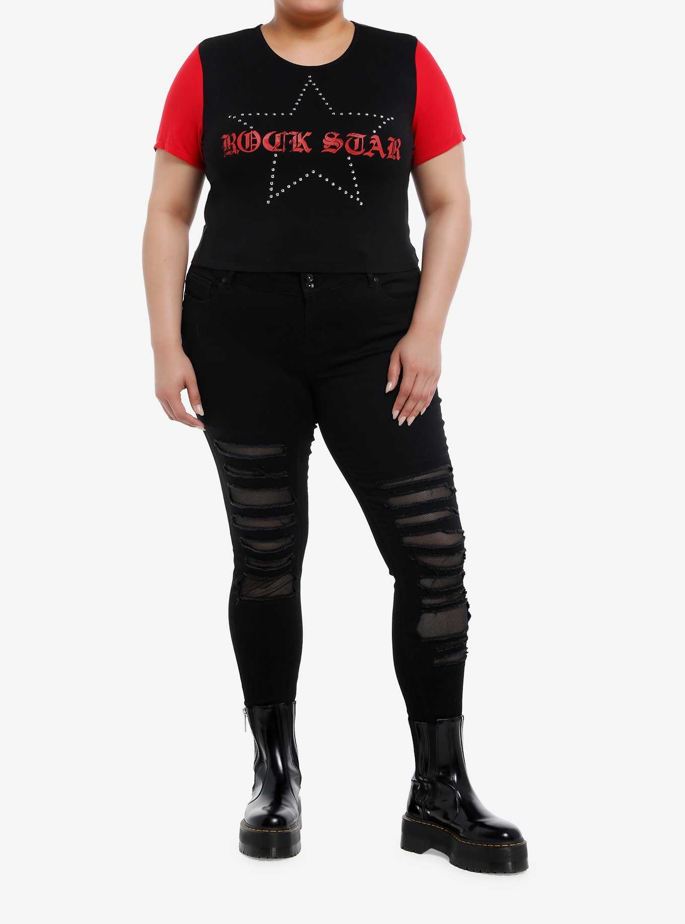 Social Collision Black & Red Rock Star Girls Crop T-Shirt Plus Size, , hi-res
