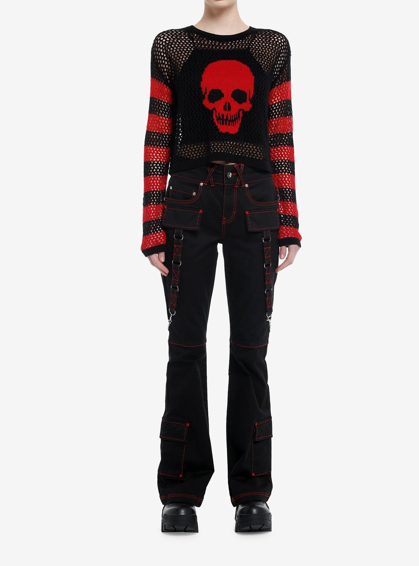 Social Collision Red & Black Stripe Skull Open Knit Girls Crop Sweater, , hi-res