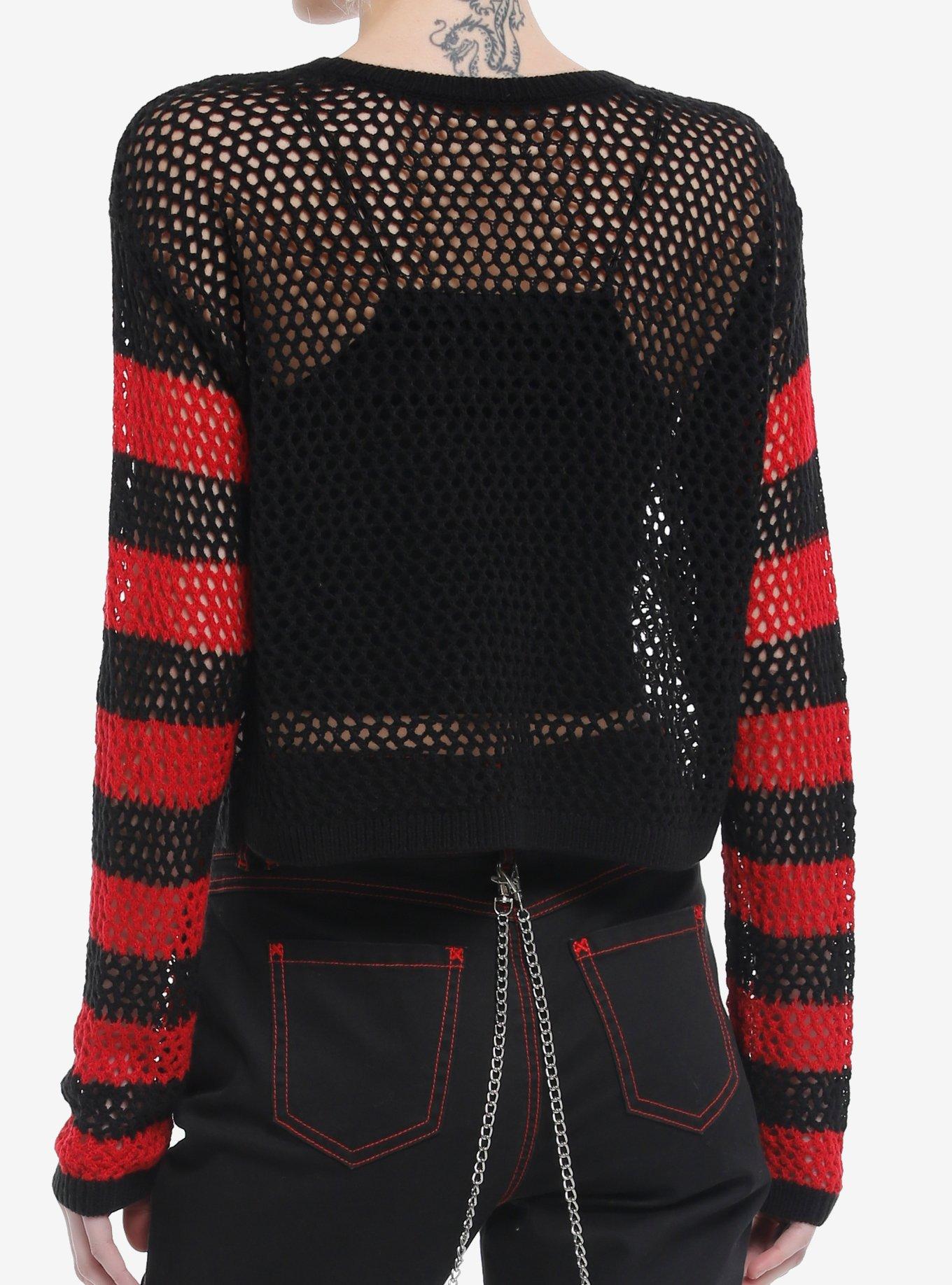 Social Collision Red & Black Stripe Skull Open Knit Girls Crop Sweater, RED, alternate