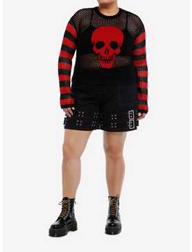 Social Collision Red & Black Stripe Skull Open Knit Girls Crop Sweater Plus Size, , hi-res
