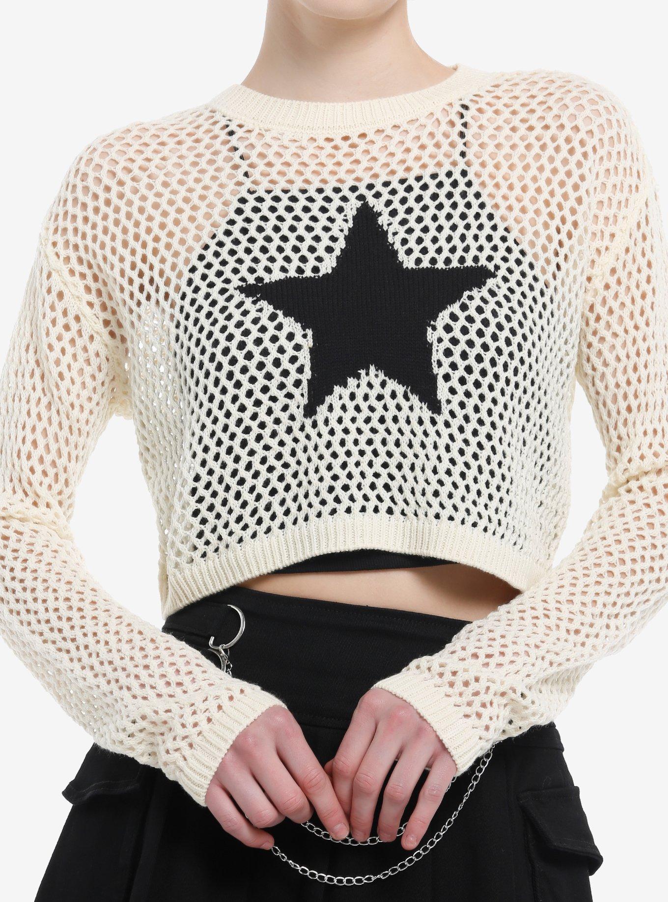 Social Collision Star Open Knit Girls Crop Sweater, BLACK, alternate