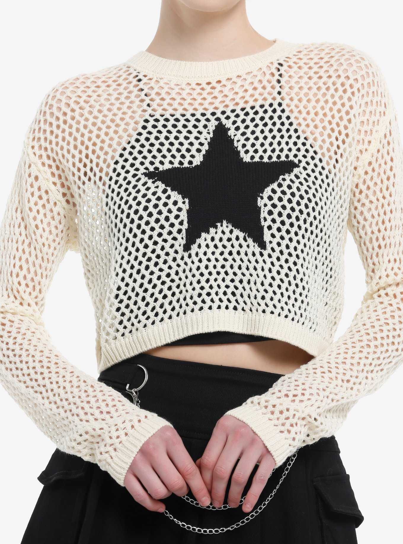 Social Collision Star Open Knit Girls Crop Sweater, , hi-res