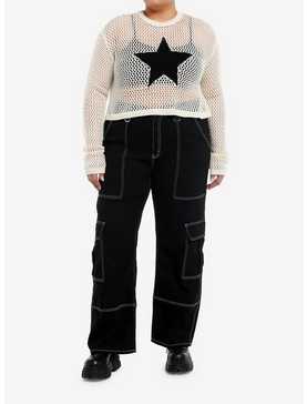 Social Collision Star Open Knit Girls Crop Sweater Plus Size, , hi-res