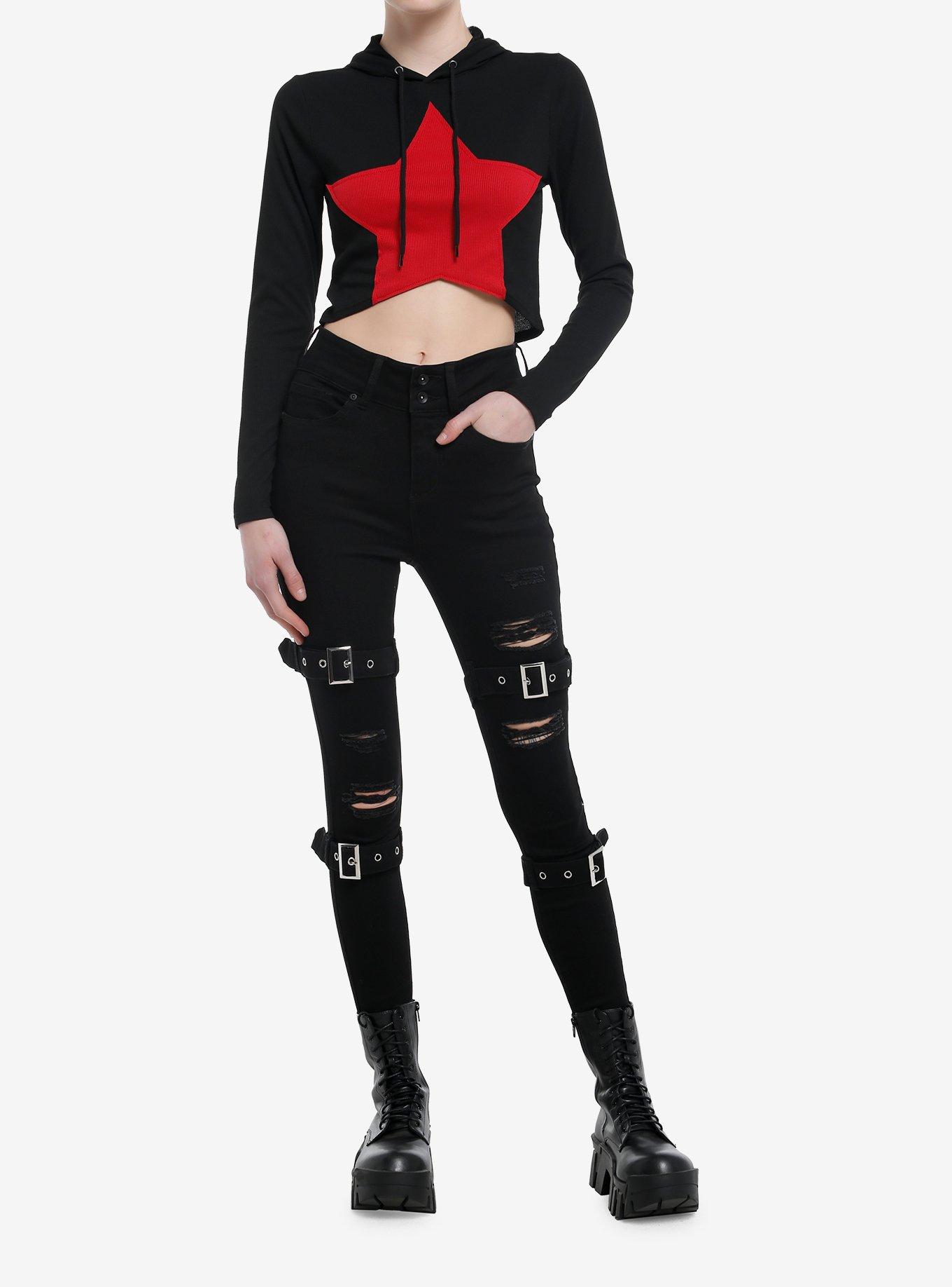 Social Collision Red Star Ribbed Girls Crop Hoodie, , hi-res