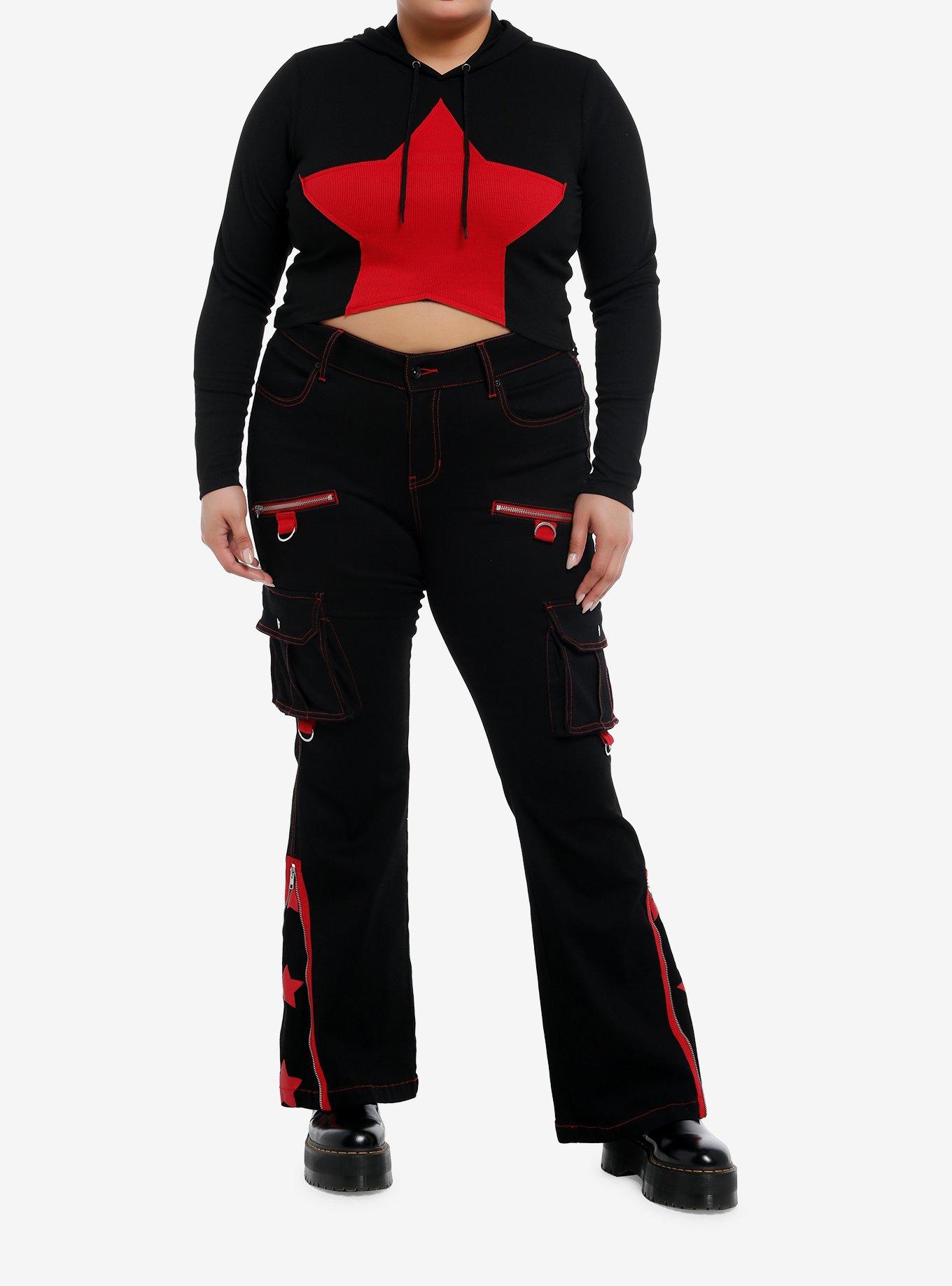 Social Collision Red Star Ribbed Girls Crop Hoodie Plus Size, , hi-res