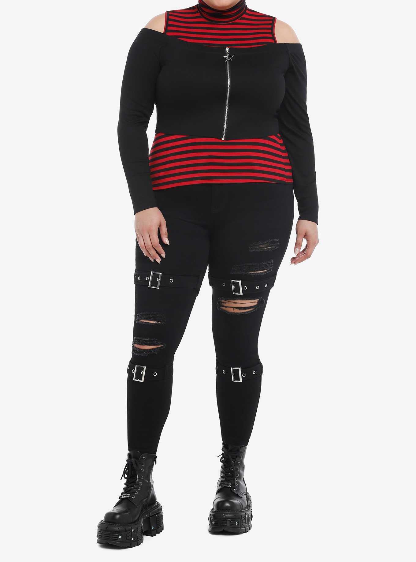 Social Collision Black & Red Stripe Girls Mock Neck Twofer Plus Size, , hi-res