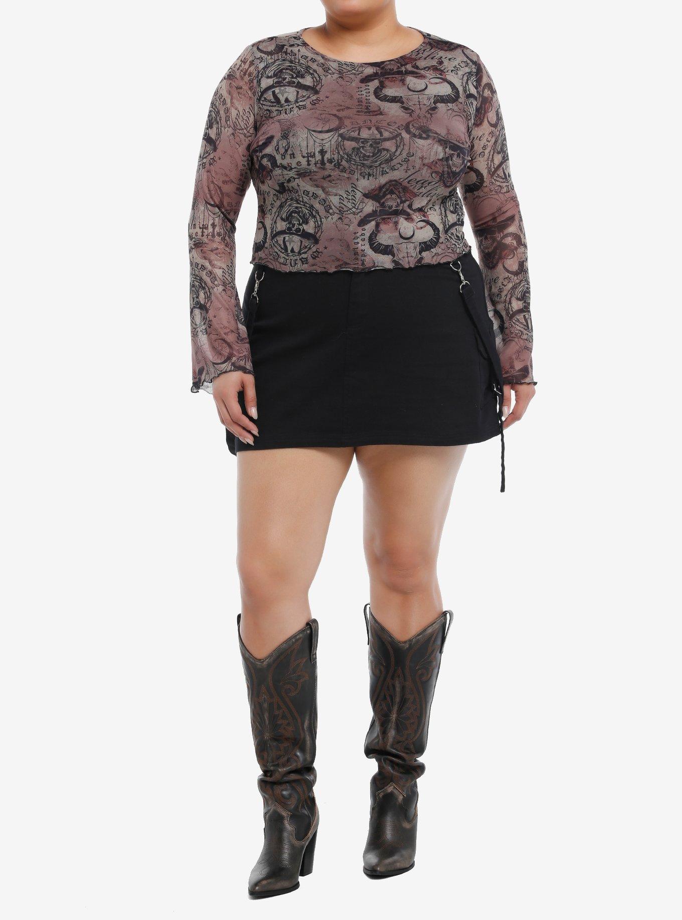 Cosmic Aura Skeleton Cowboy Mesh Girls Long-Sleeve Top Plus Size, BLACK, alternate